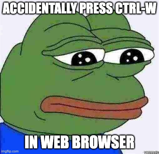 Sad Pepe meme about accidentally pressing Ctrl-W in a web browser and closing the tab.