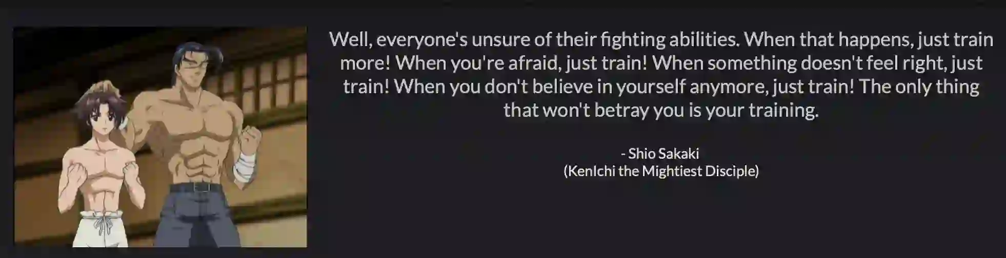 Quote card with two characters from KenIchi: The Mightiest Disciple and Shio Sakaki's quote