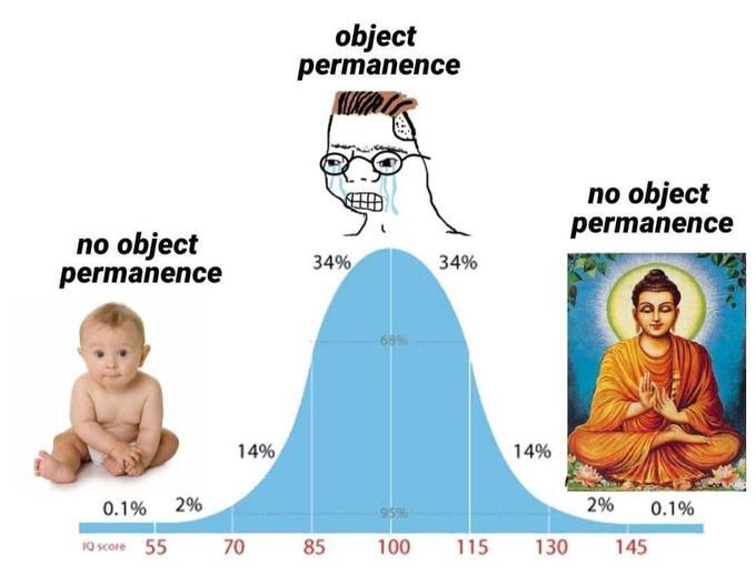 Bell curve meme about object permanence