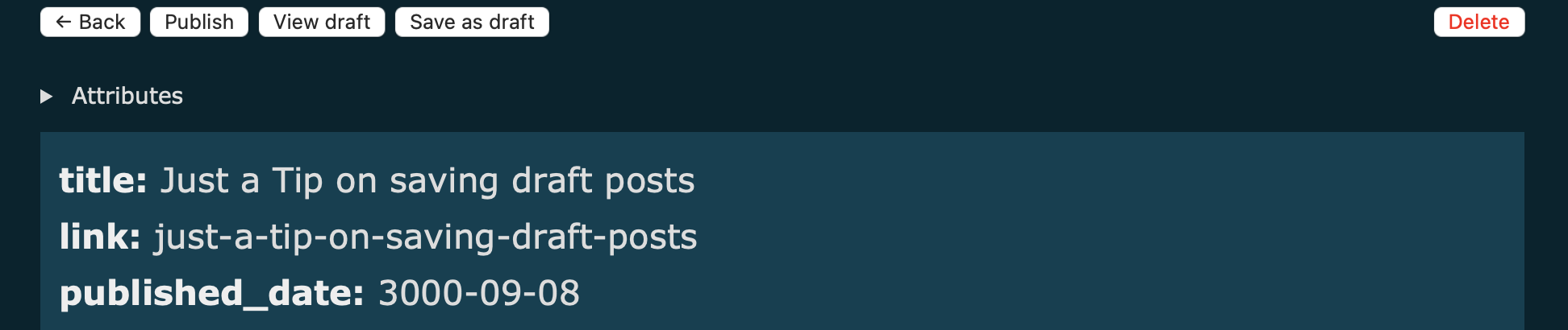Bear Blog post attributes with the published date set to the year 3000