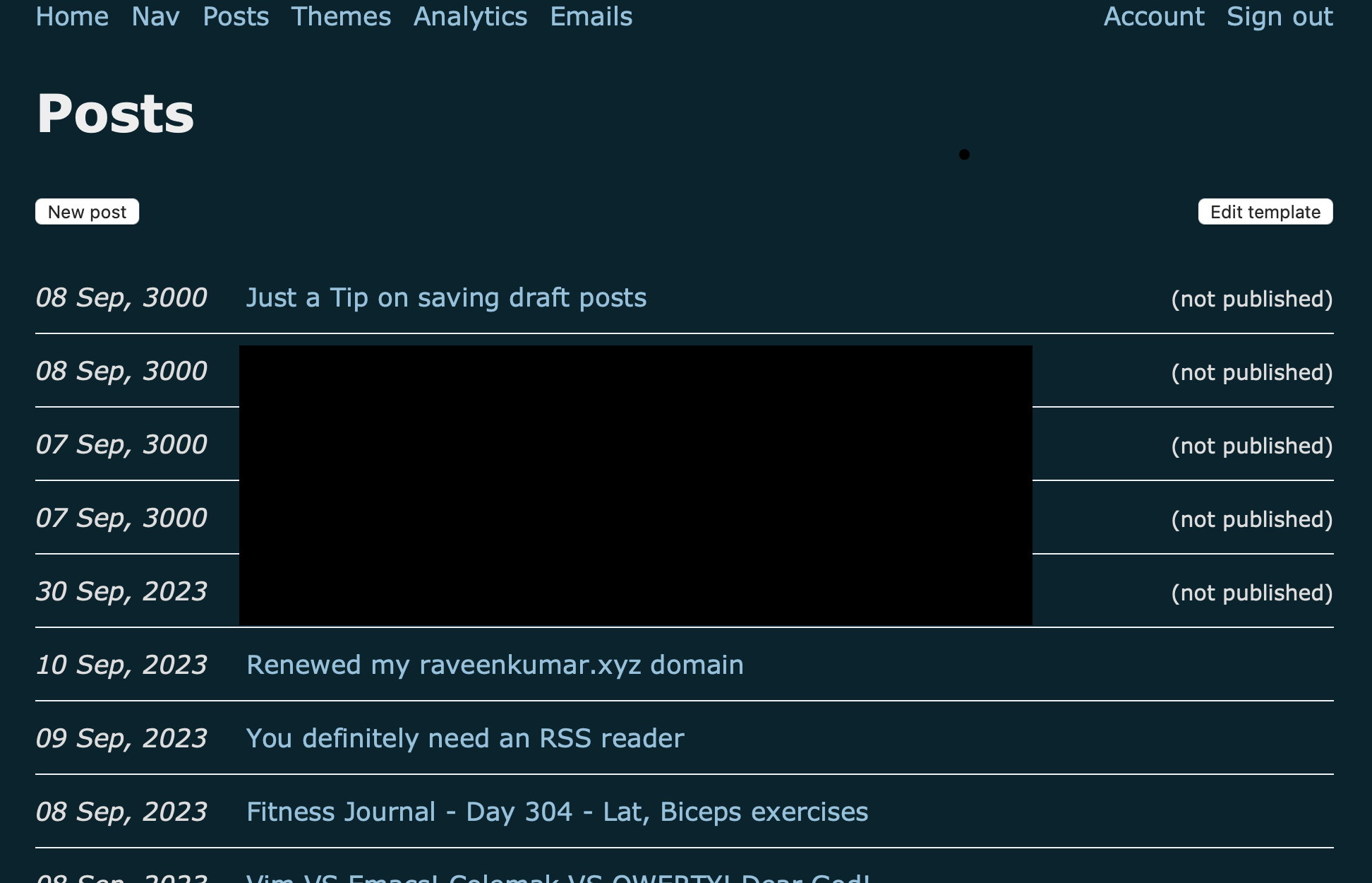 Bear Blog&rsquo;s post list with the drafts dated 3000 on top