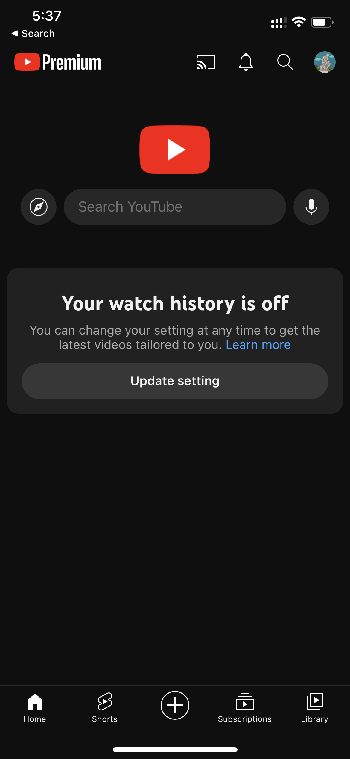 YouTube home screen with watch history turned off