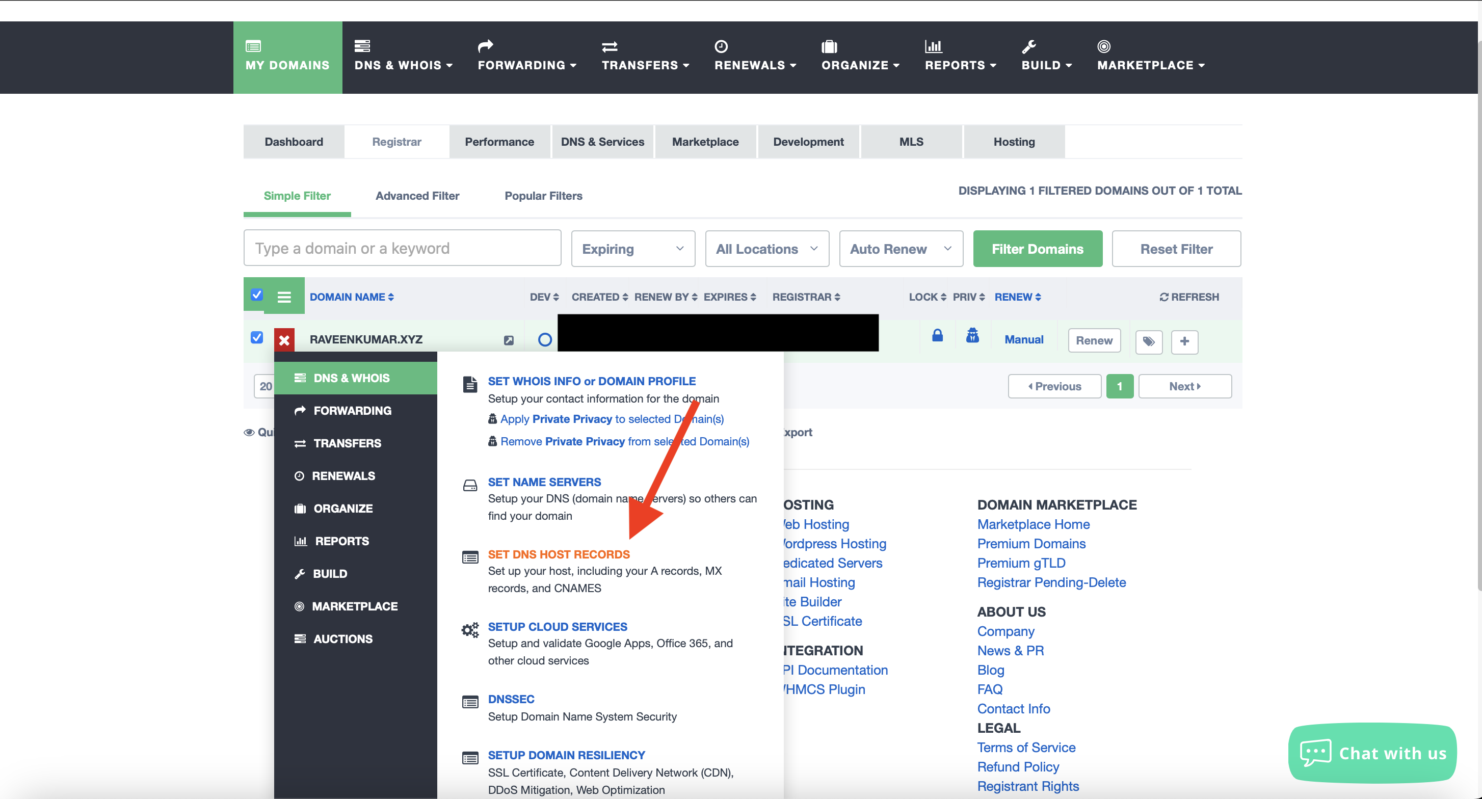 Epik&rsquo;s domain menu, pointing at DNS host records