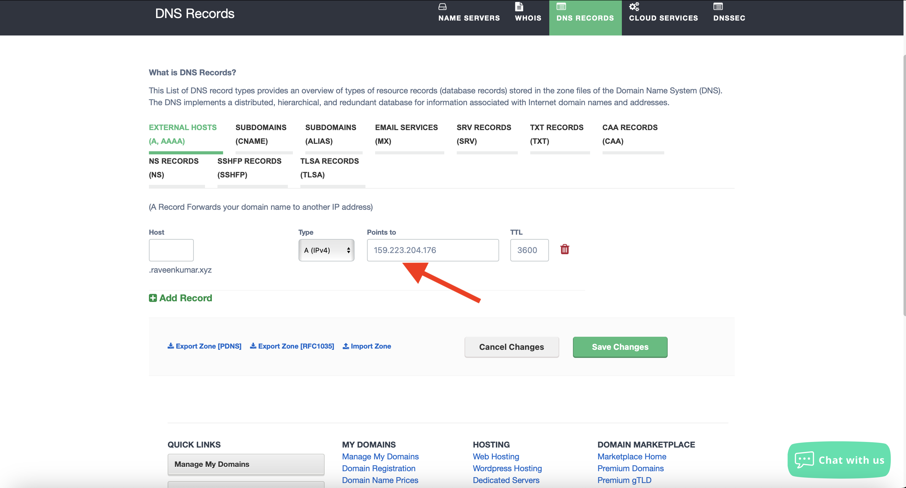 Epik&rsquo;s DNS records with an A record for Bear Blog