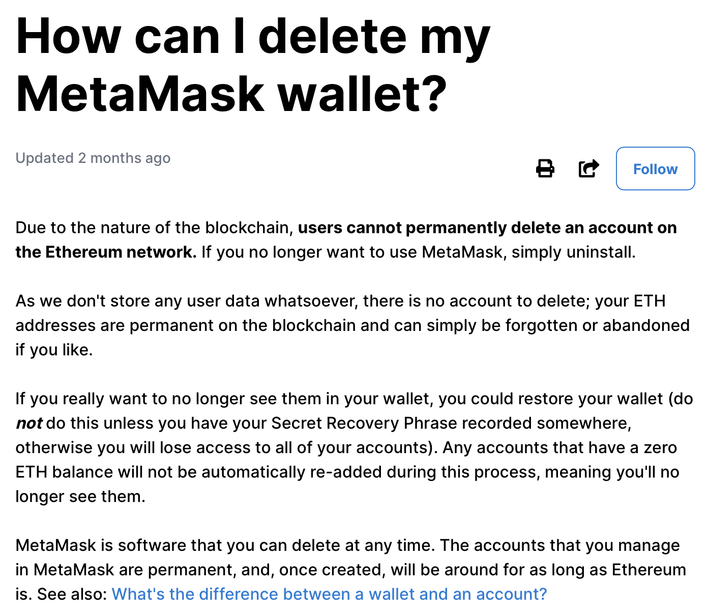 MetaMask's help page: a wallet can't be deleted