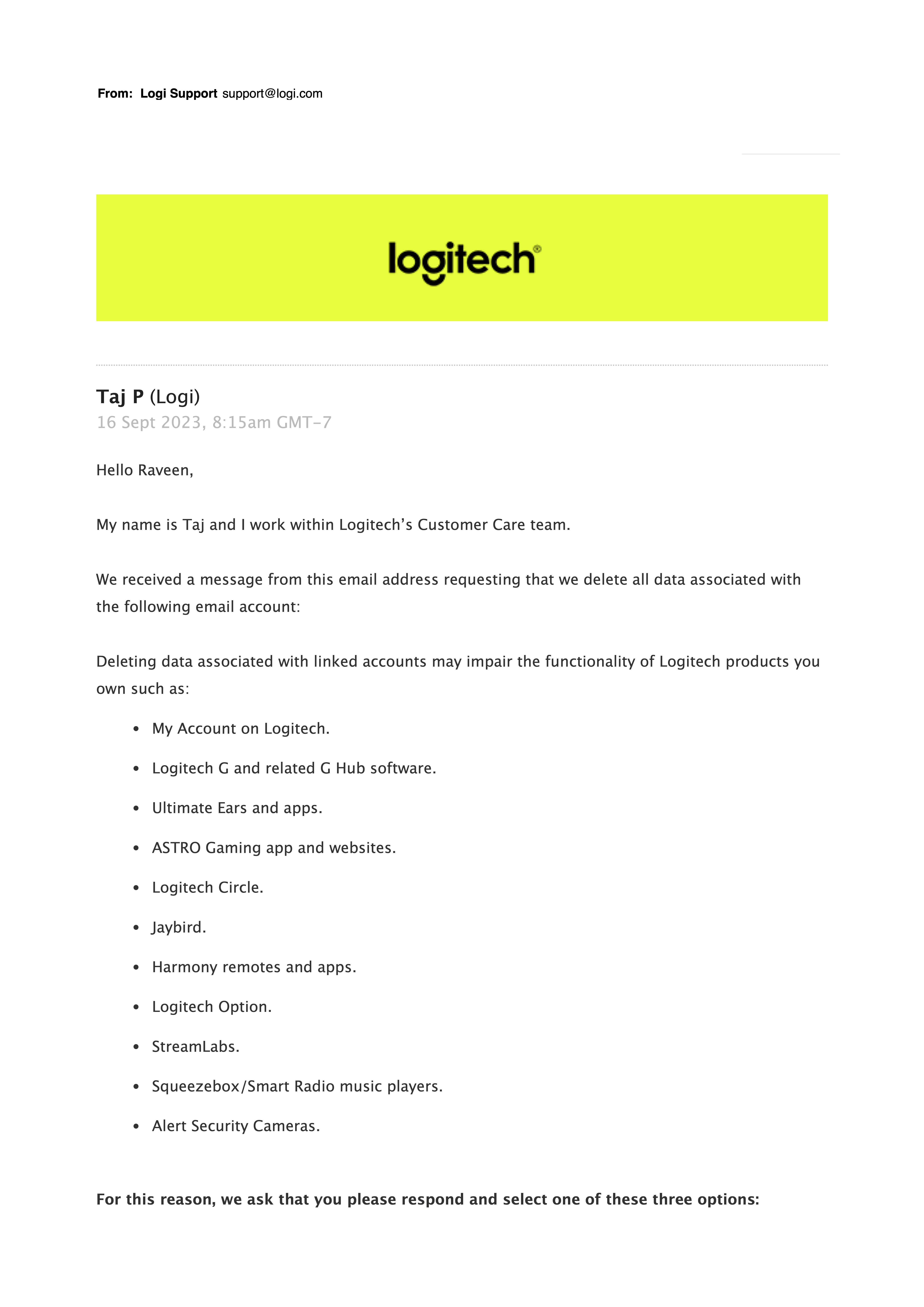 Logitech support's email asking what data to delete