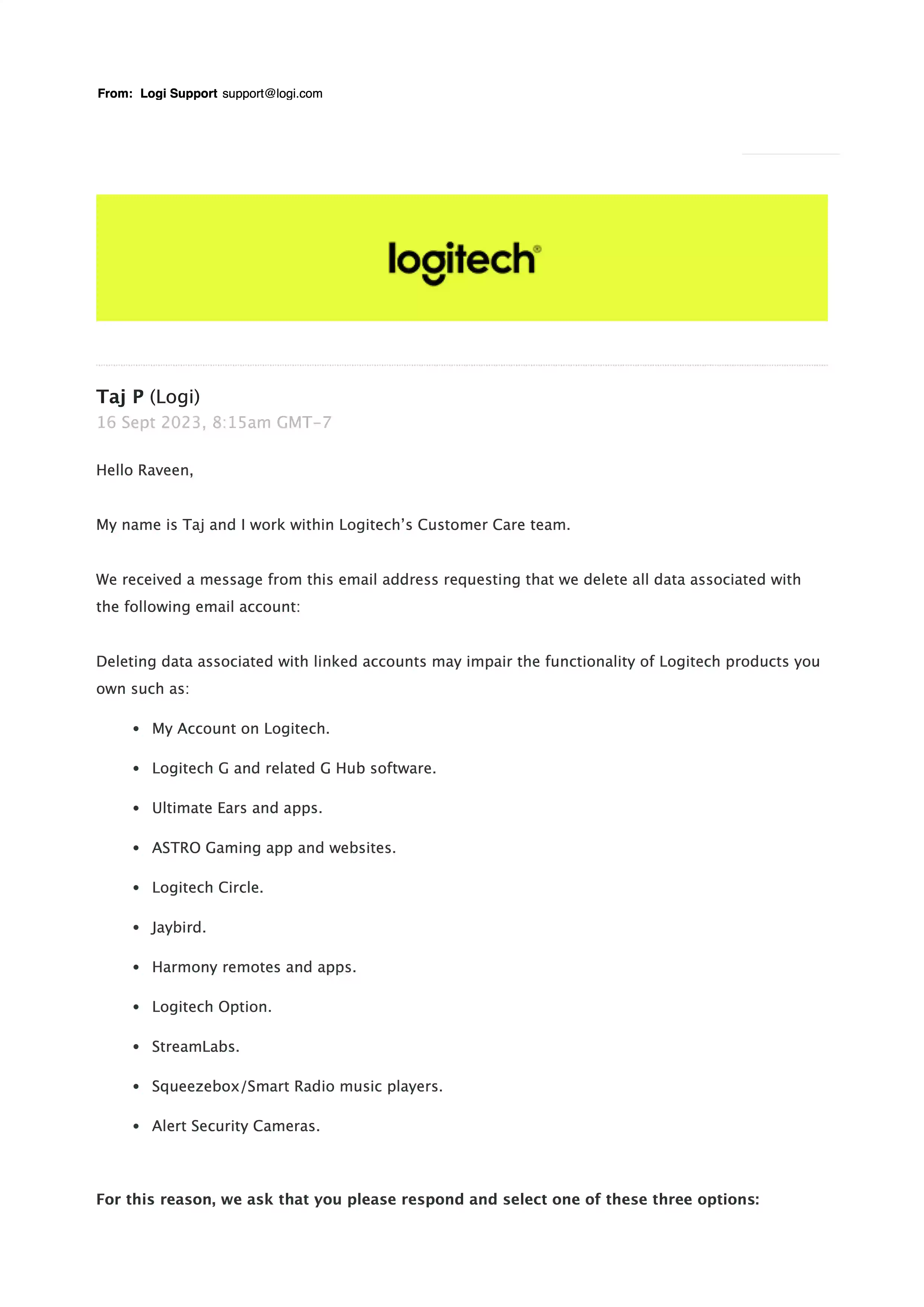 Logitech support's email asking what data to delete