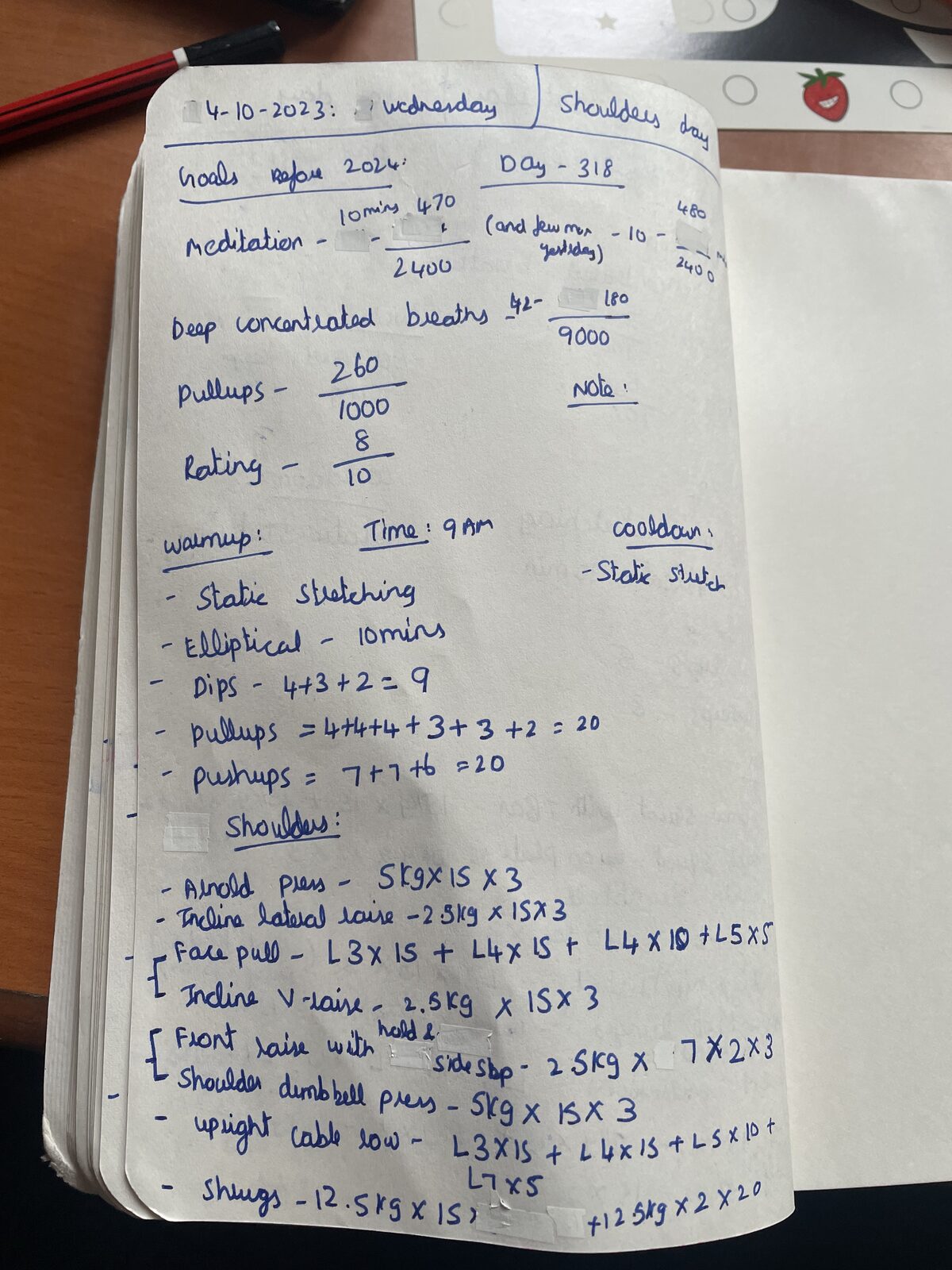 My handwritten fitness journal, day 318