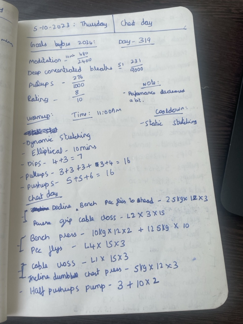 My handwritten fitness journal, days 319 to 324