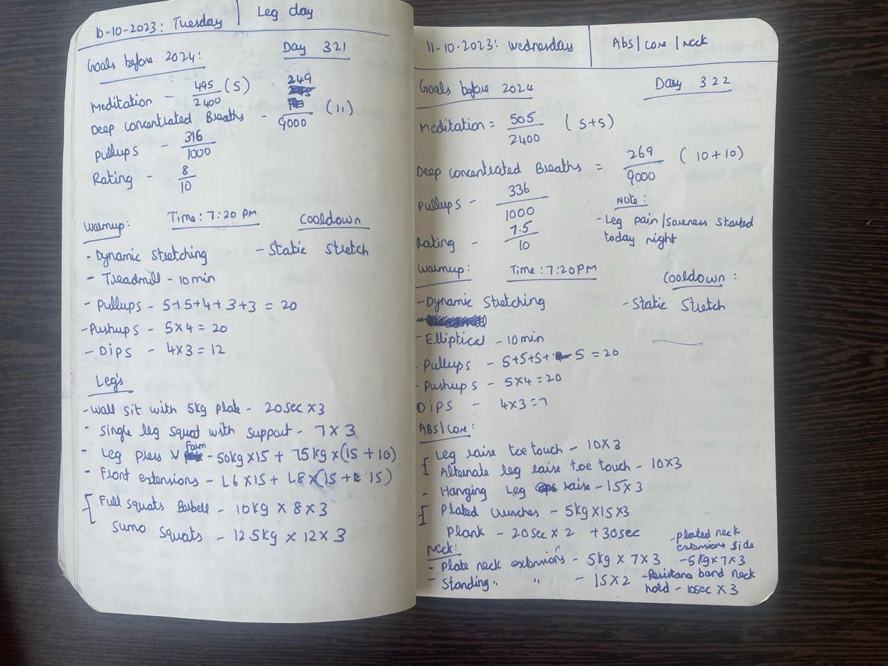 My handwritten fitness journal, days 319 to 324