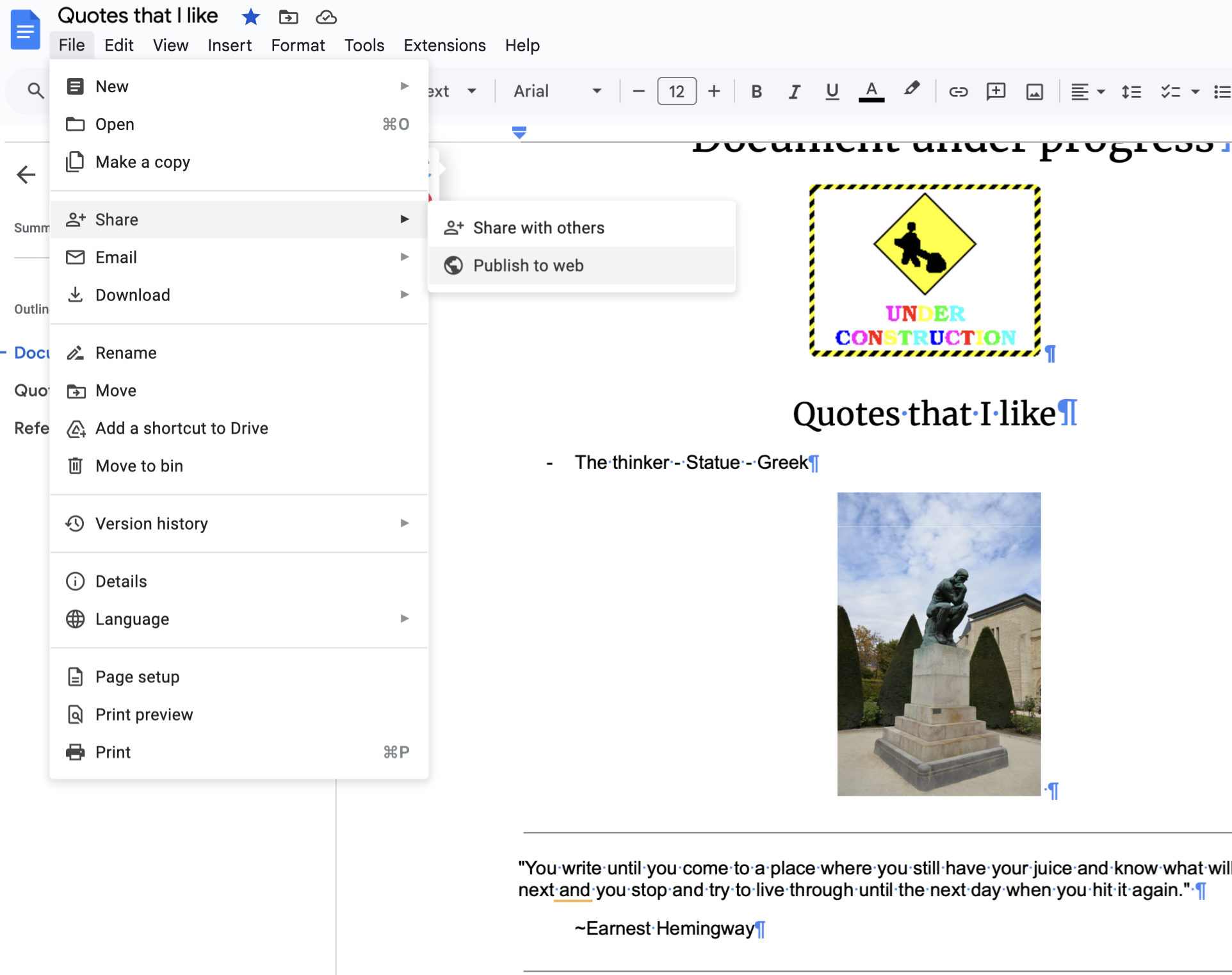 Google Docs&rsquo; File menu with Publish to the web