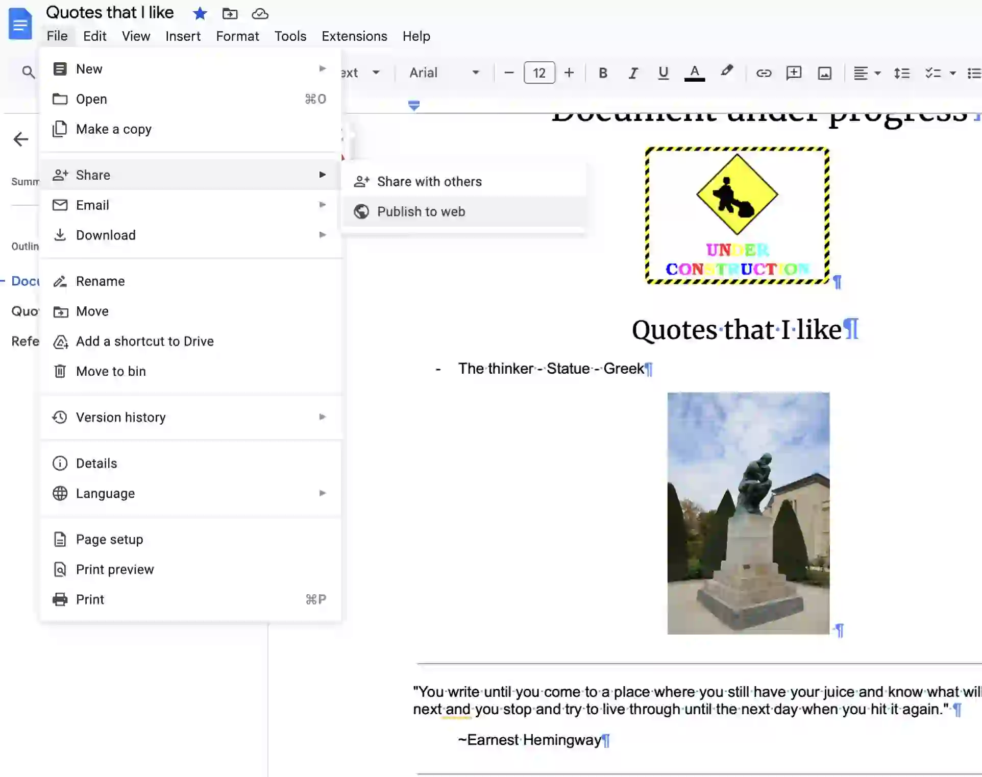 Google Docs&rsquo; File menu with Publish to the web