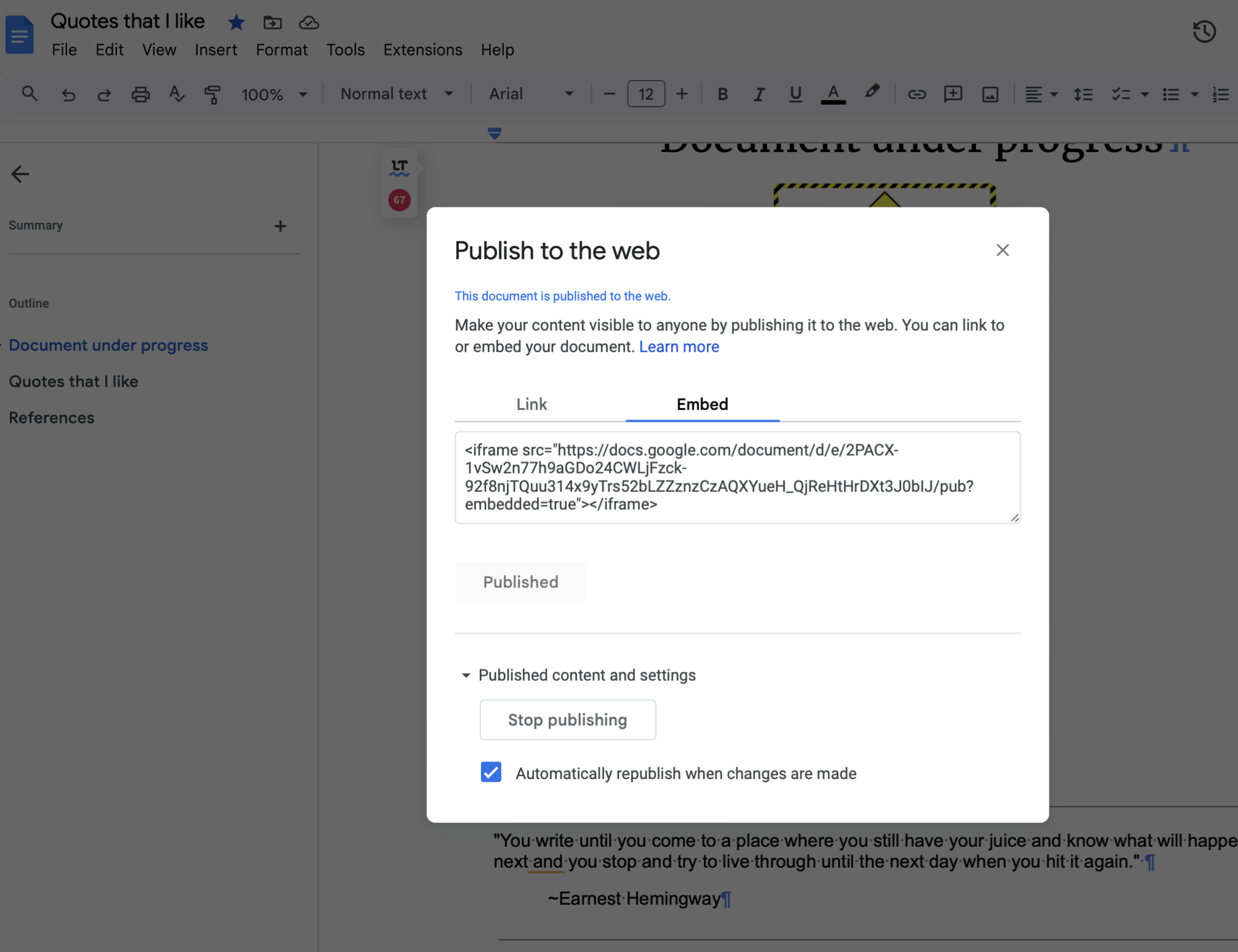 Google Docs&rsquo; Publish to the web dialog, Embed tab