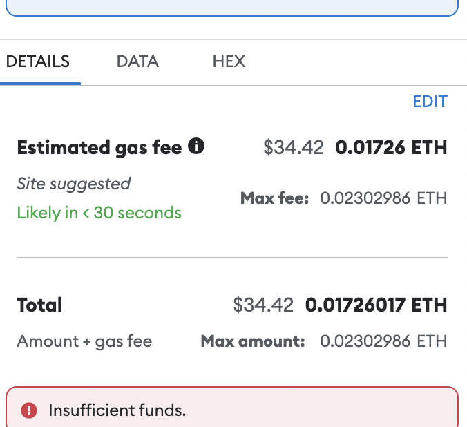 An Ethereum wallet showing an estimated gas fee of $34.42 for a transaction, with an “Insufficient funds” error