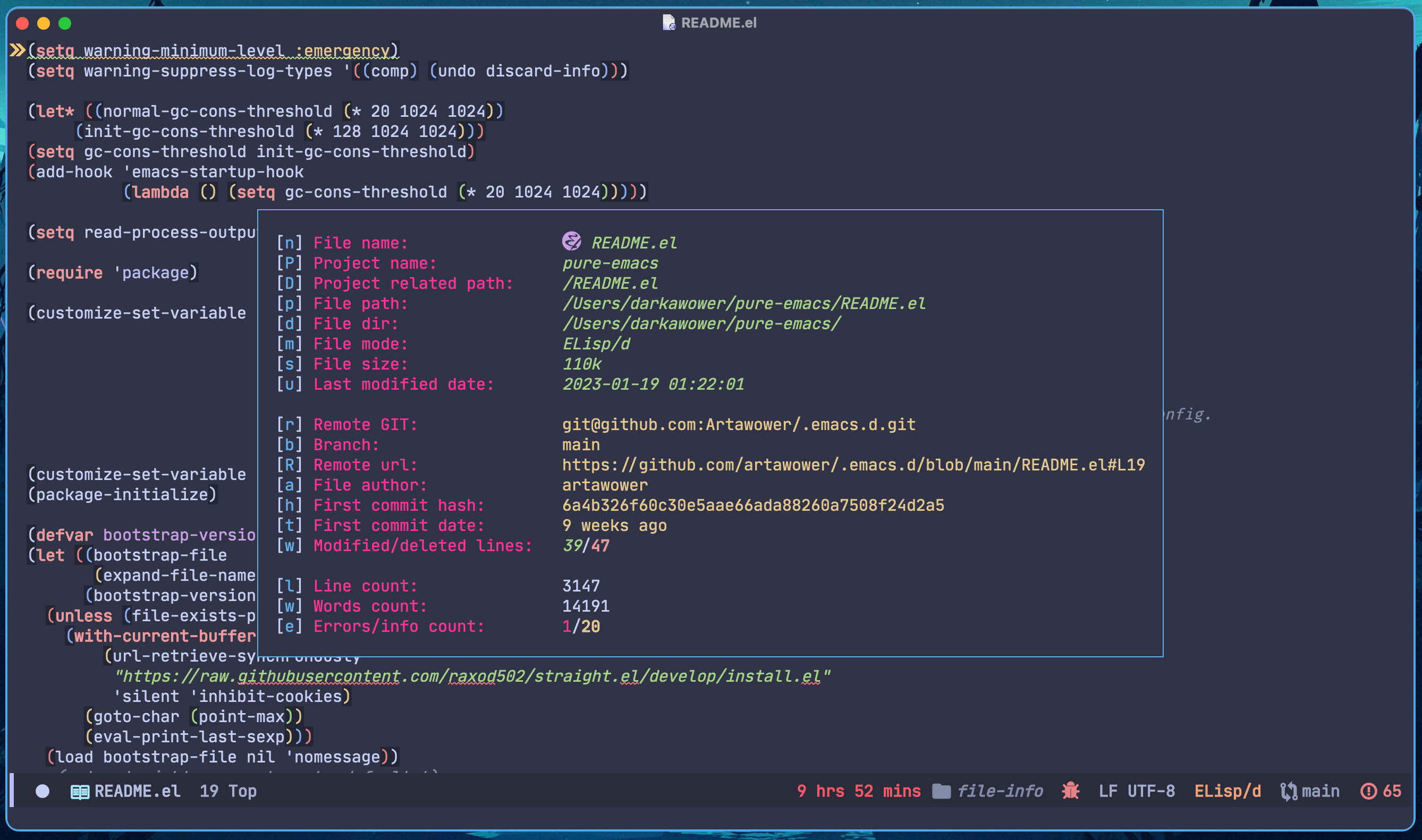 The file-info.el popup in Emacs, listing a file’s name, path, size, git details and line counts.